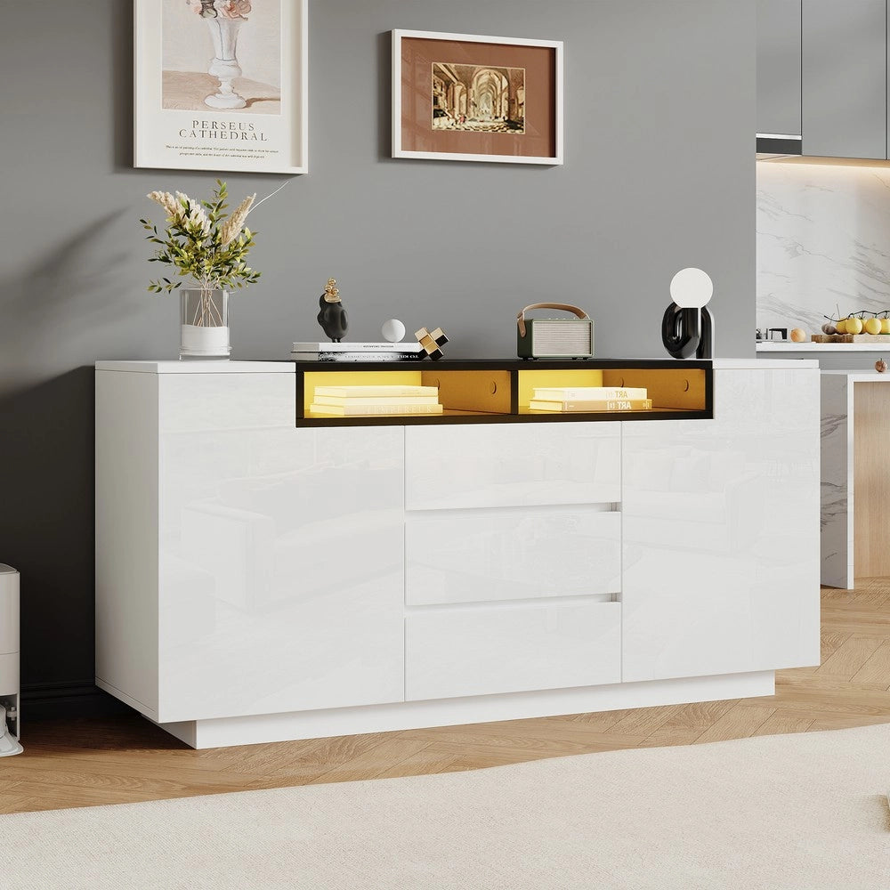 Mobile Credenza Soggiorno con LED e Cassetti ¨C MINIMAL ¨C Bianco/Nero Lucido 140x40x68