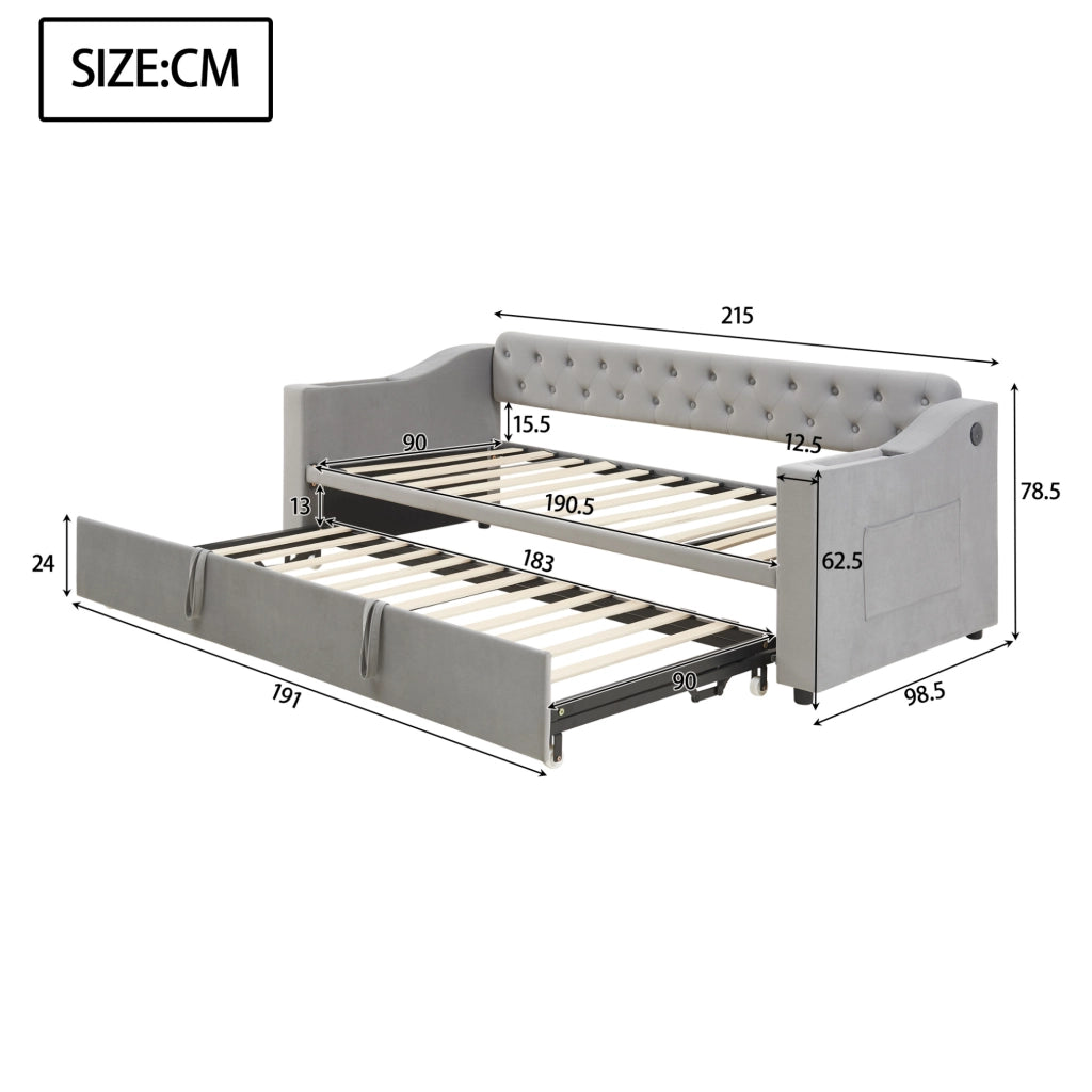 Divano letto imbottito 90x190 cm estendibile 180x190 cm in velluto grigio con USB e vani portaoggetti