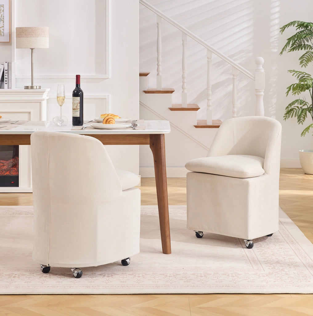 Set di 2 sedie da pranzo in chenille beige con ruote