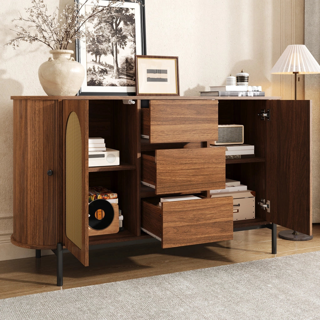 Credenza ovale con ante scorrevoli, 3 cassetti e ripiani regolabili per soggiorno, in MDF, noce, 140 × 38 × 77,5 cm