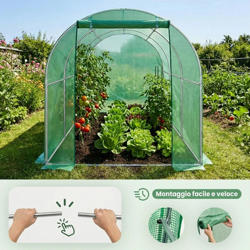 Serra da giardino a tunnel con struttura in metallo e telo in PE 1 porta 6 finestre Verde 200x300x200 cm