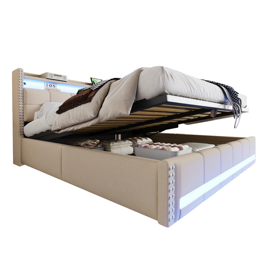 Letto Contenitore Matrimoniale 180x200 cm; con USB; LED e mensole - in Lino - Beige