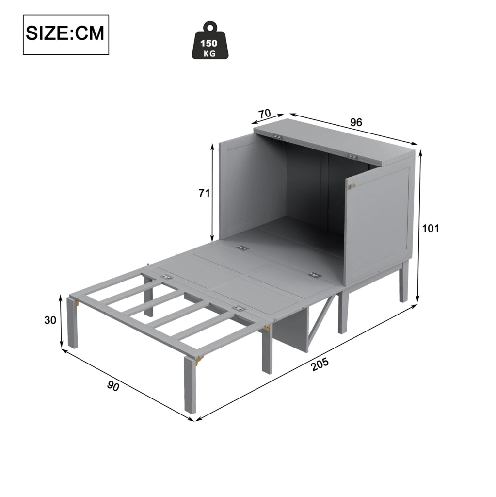 Letto a scomparsa verticale 90x200 cm grigio; struttura salvaspazio in legno