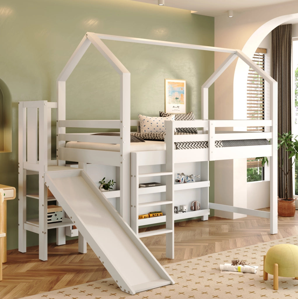 Letto singolo per bambini 90x200 cm con scivolo, scale, armadi e ripiani bianco