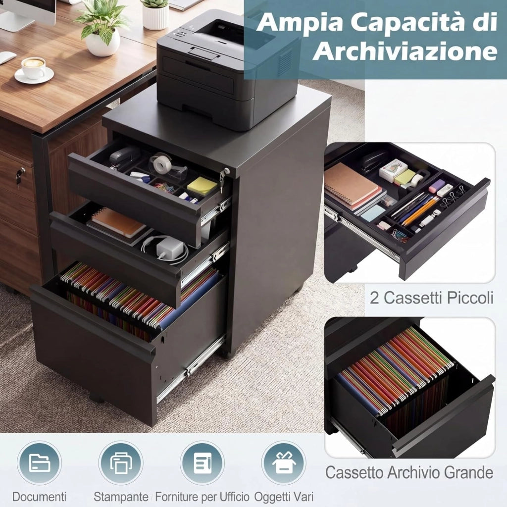Cassettiera da Ufficio a 3 Cassetti, Mobiletto per Documenti con 5 Ruote e Serratura, Schedario da Ufficio in Acciaio per File Formato A4, Letter e Legal, 37 x 44 x 60,5 cm