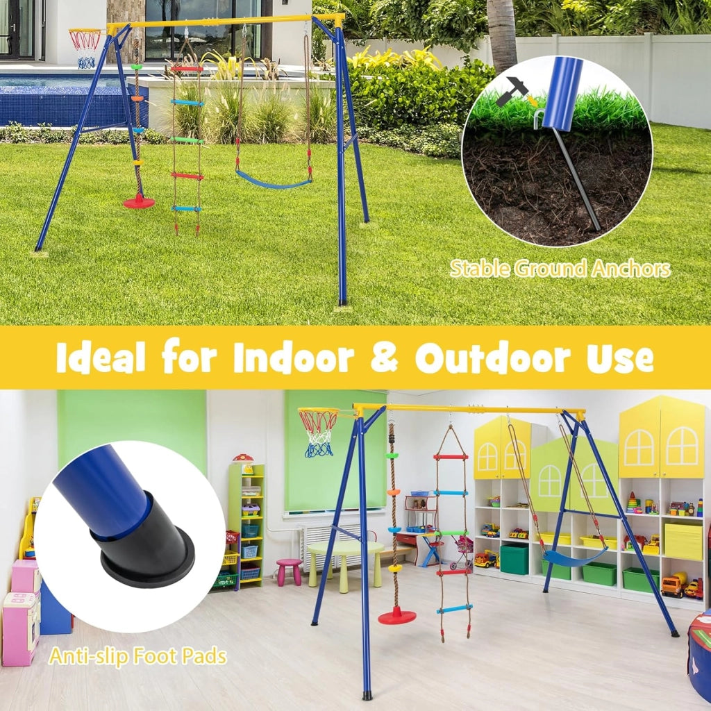 Set di altalena per bambini, 4 in 1, con altalena, scaletta e cestino da basket, altalena da giardino con struttura, struttura da gioco per bambini all'aperto, WY00233HNDE