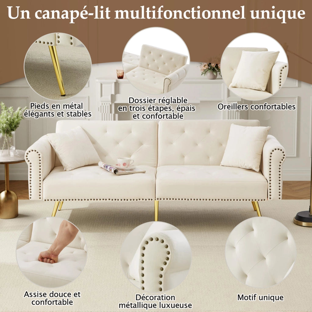 OKWISH Divano letto 2 posti, doppio schienale regolabile in 3 posizioni con 2 cuscini e spazio inferiore, Velluto Beige