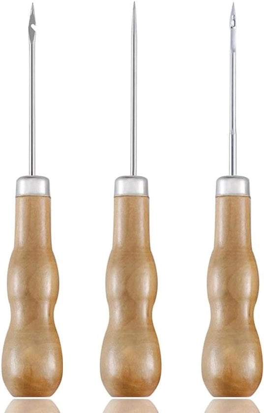Set di manici in legno per lavoro con la lana e cucito - 3 pezzi con punta curva - Attrezzo per cucito DIY con foratura stamper