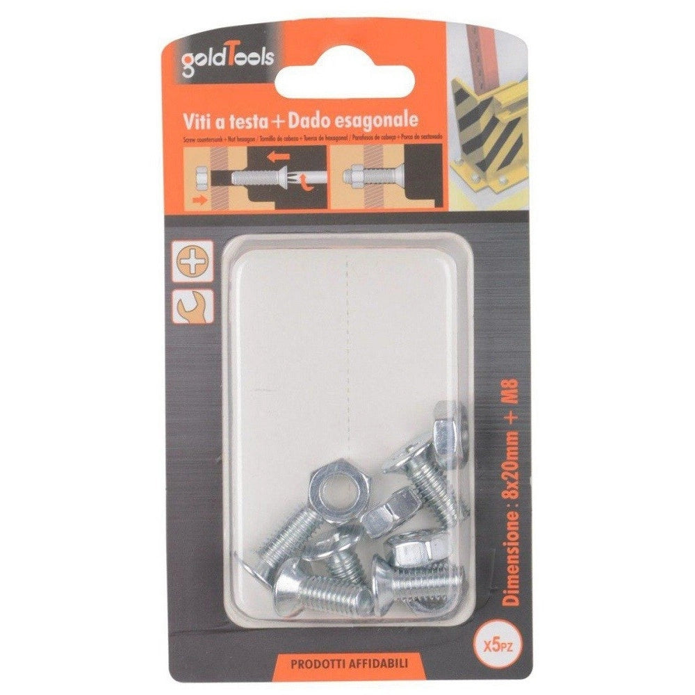 Trade Shop - Set 5 Pezzi Viti Vite A Testa A Croce Piatta 8x20 Mm Con Dado Esagonale M8 90947 -