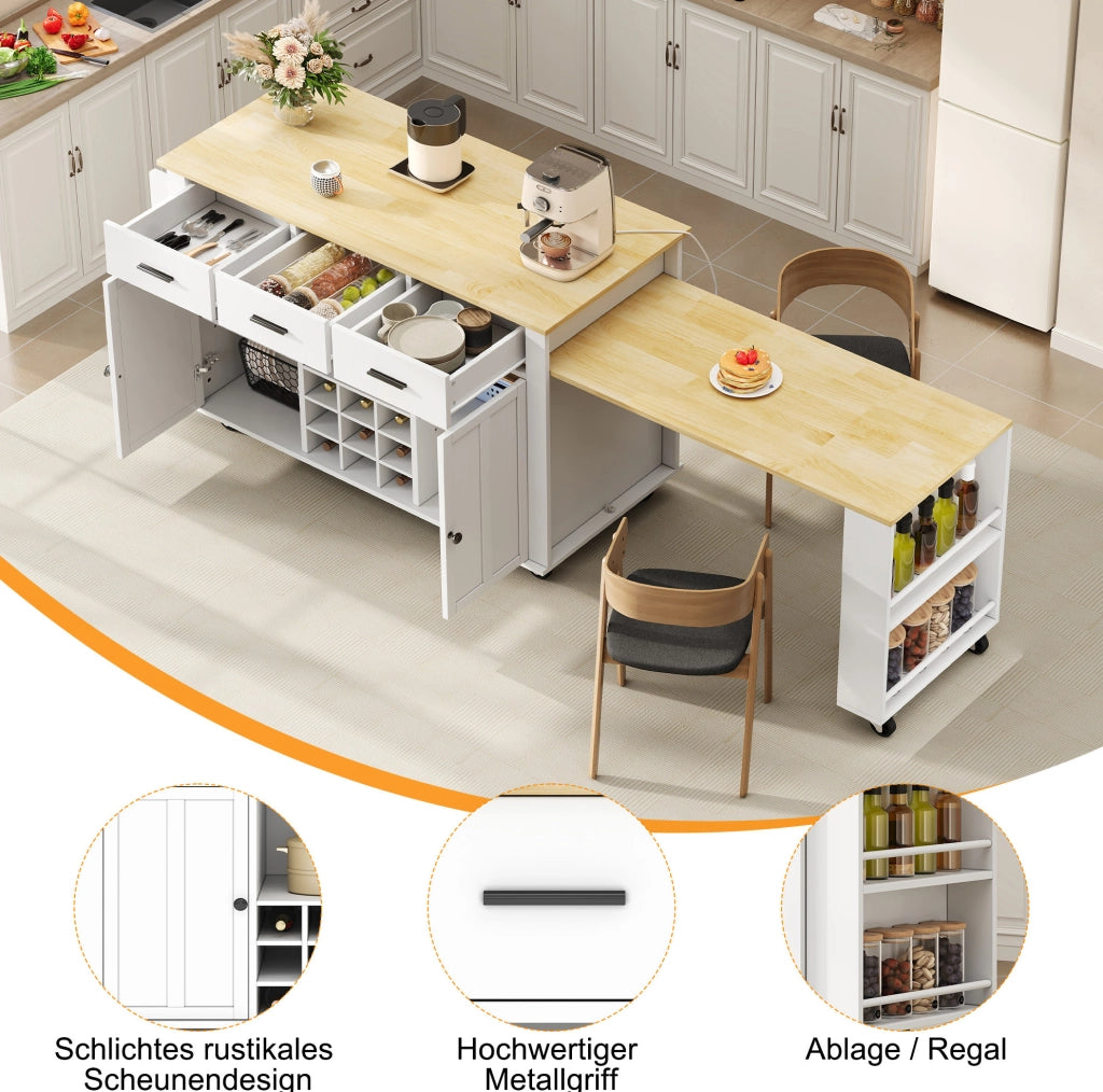 Isola cucina mobile con piano estensibile, prese USB e 7 ruote