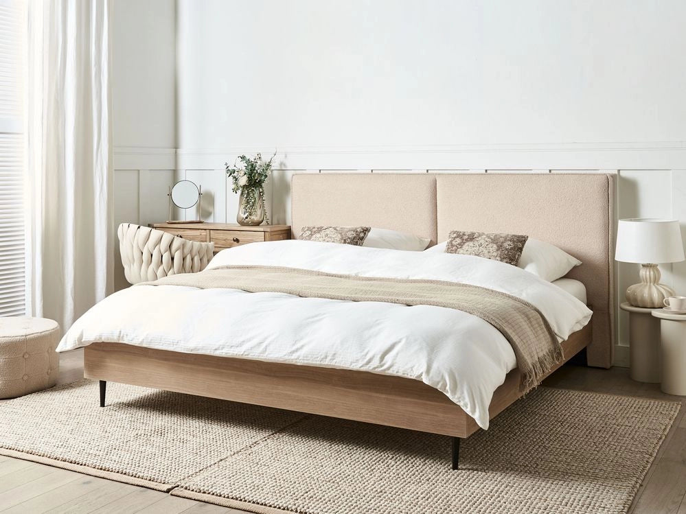 Letto matrimoniale in tessuto bouclè beige con testiera imbottita 180 x 200 cm stile moderno