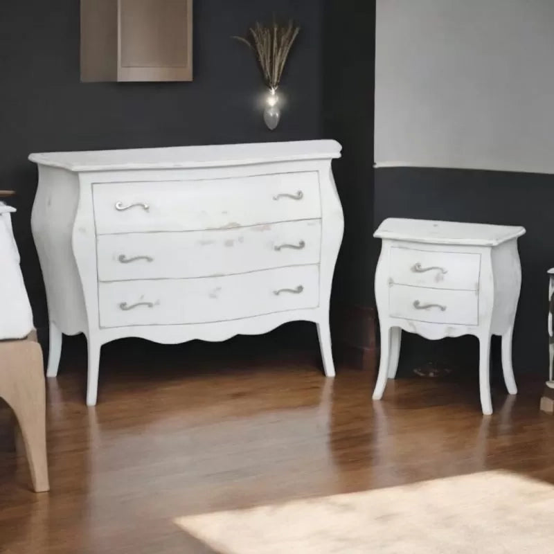 Cassettiera 3 cassetti bombata legno shabby bianco consumato 118x50x85 - Mobili 2G