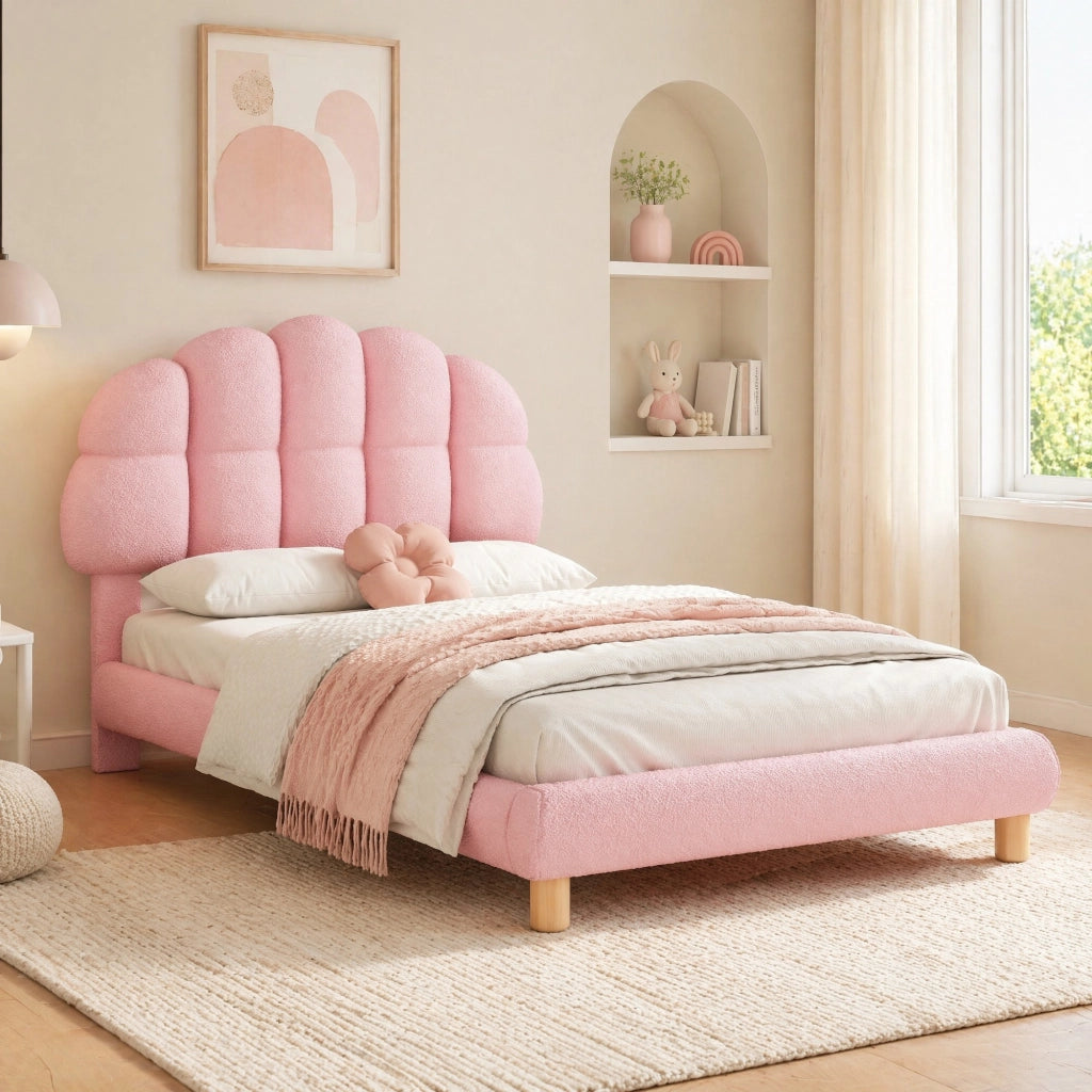 Letto singolo imbottito in bouclé con testiera regolabile 90x200 cm; rosa