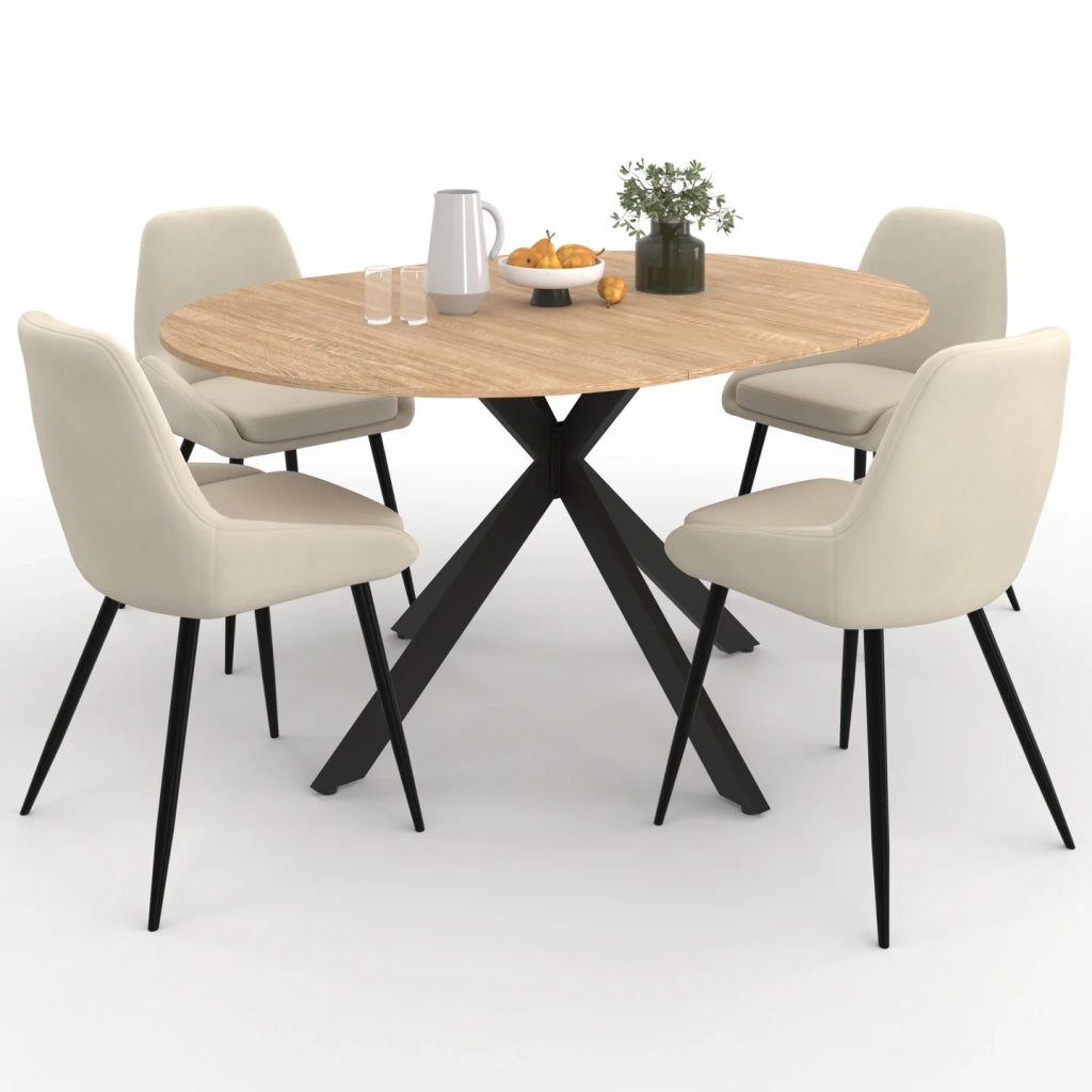 IDMarket - Set di tavolo da pranzo rotondo allungabile ALIX in legno e nero da 110-150 cm e 4 sedie in velluto beige THALYA