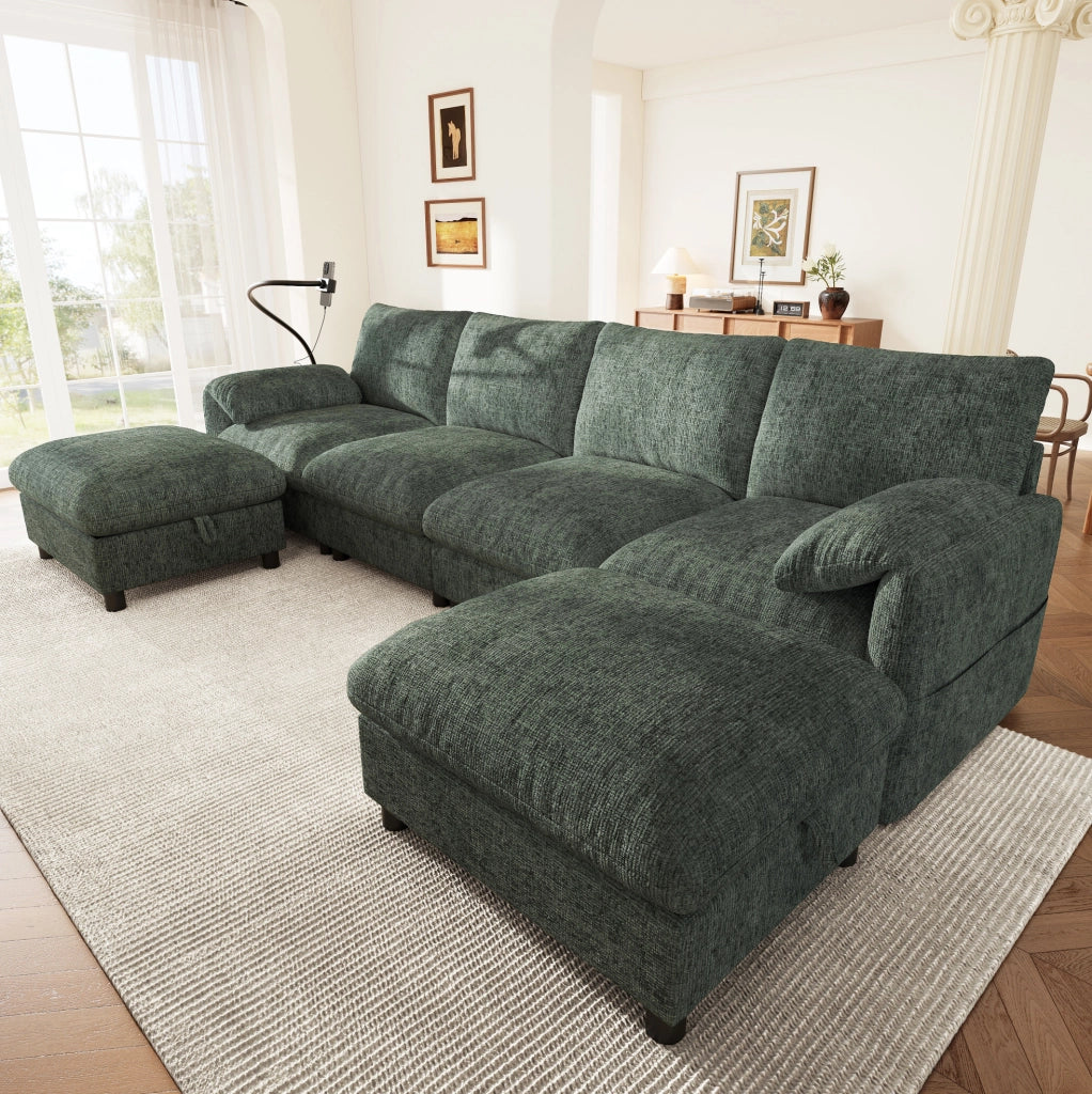 Divano modulare angolare 6 posti con 2 pouf contenitore; USB Type-C; chenille verde