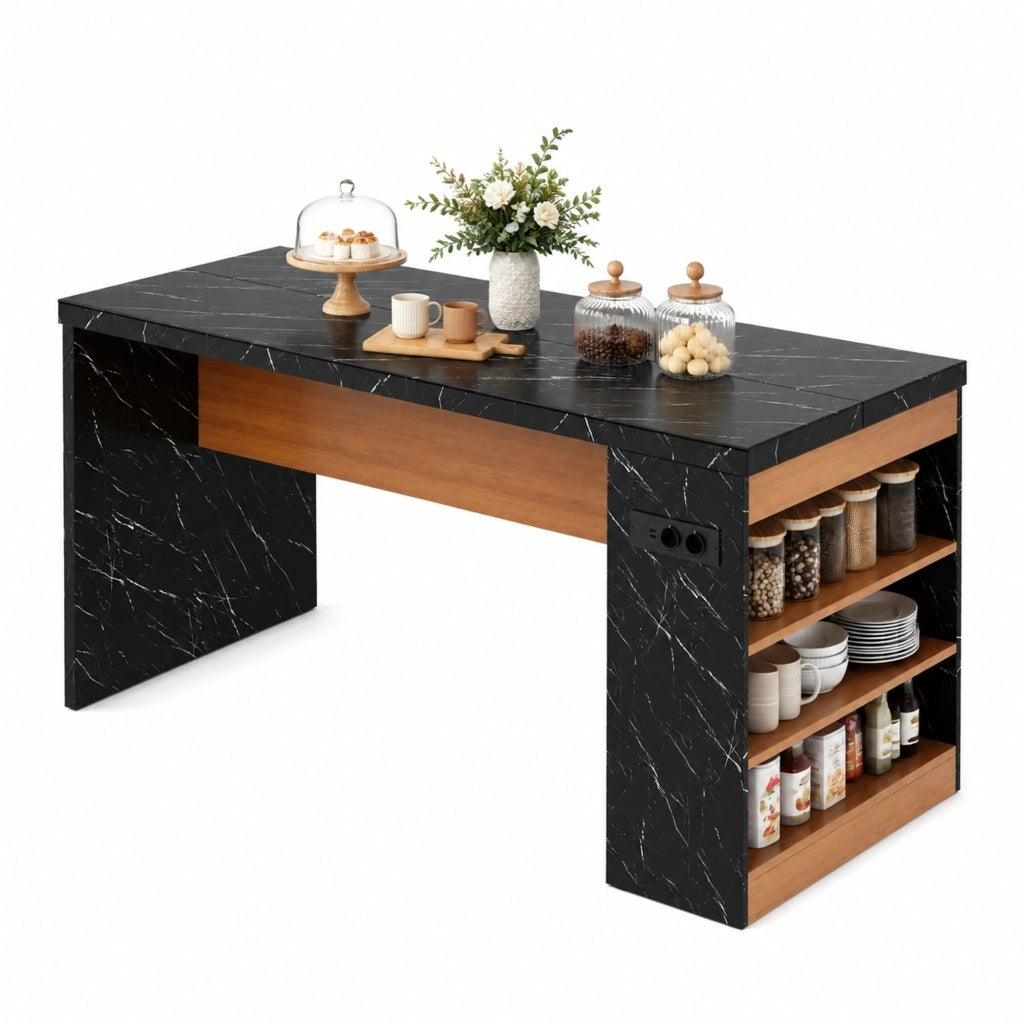 Isola cucina 155x80x90 cm con LED; prese AC e USB; 3 ripiani aperti in MDF; nero e naturale