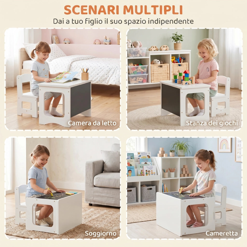 Set Tavolo e Sedia per Bambini 3-6 Anni con Piano Reversibile in Legno Bianco