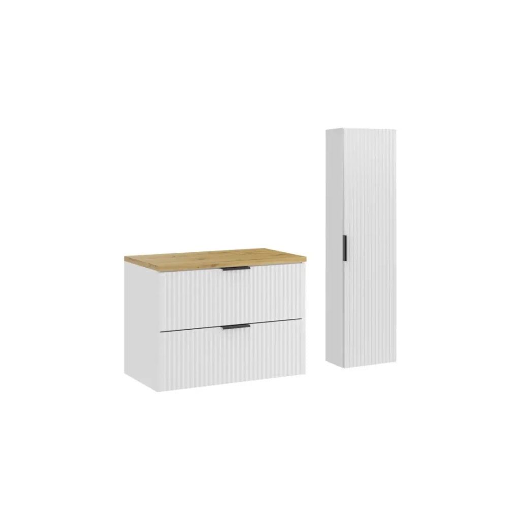 Set da bagno NOXERA 80 cm - Mobile sottolavabo sospeso bianco alpino con piano per lavabo in rovere e colonna murale