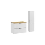 Set da bagno NOXERA 80 cm - Mobile sottolavabo sospeso bianco alpino con piano per lavabo in rovere e colonna murale