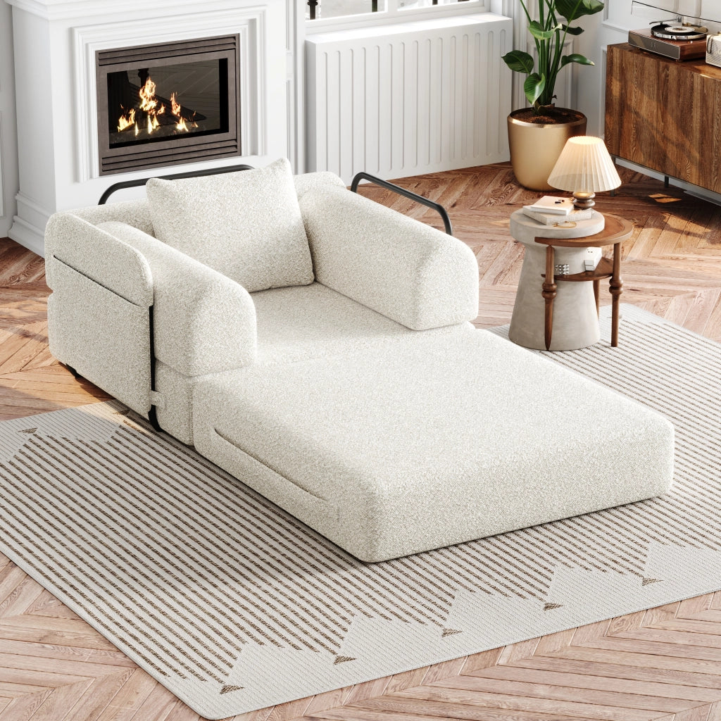 Divano letto convertibile in ciniglia con vano nel bracciolo, struttura in acciaio e base antiscivolo beige
