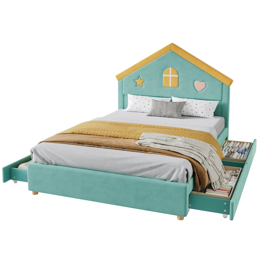 Letto per bambini 140x200 cm con 4 cassetti in velluto blu verde