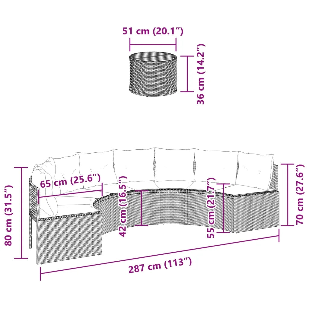 Divano Giardino Tavolo e Cuscini Semicircolare Nero Polyrattan 3318530