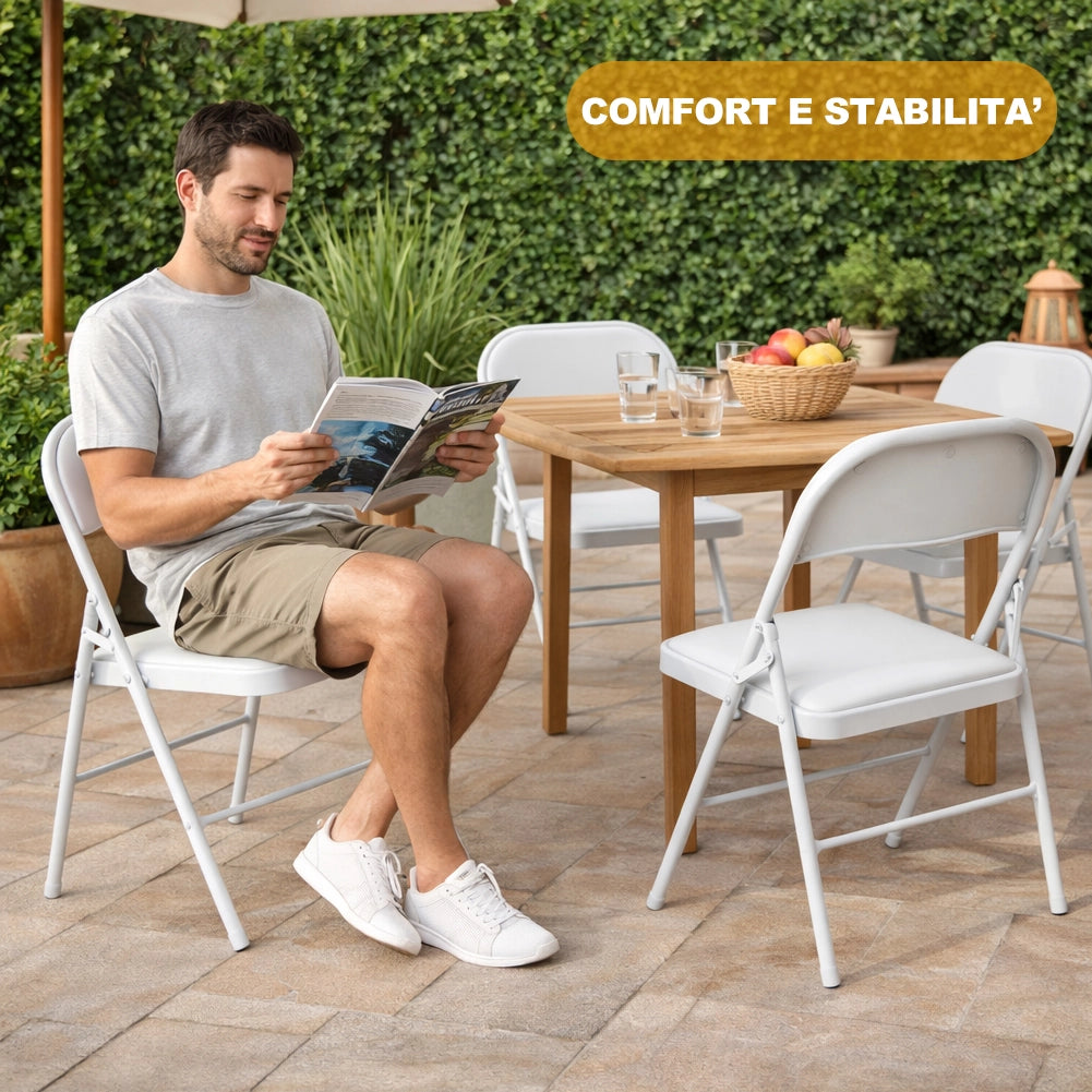 Set 4 Sedie Bianche in Metallo e Seduta in Ecopelle Imbottita Sedia Ergonomica