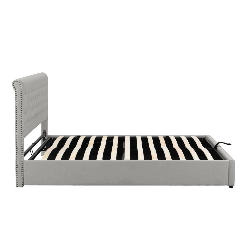 Letti contenitori 140x200 cm; testiera morbida con rivetti; lino; grigio (Senza materasso)