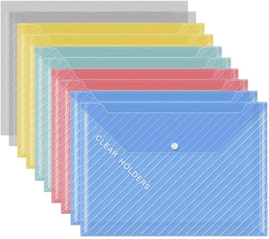 10 mappe plastiche colorate con chiusura a bottone A4 per documenti con reticoli di chiusura, per scuola, ufficio, articoli da ufficio, archiviazione di documenti cartacei