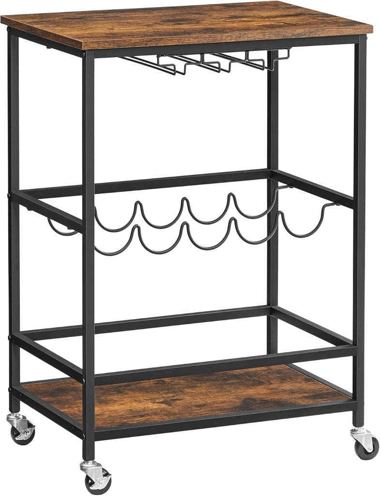 VASAGLE Carrello da Cucina, Carrello Portavivande, Scaffale da Cucina con Ruote, Porta Bicchieri e Bottiglie, 40 x 60 x 82 cm, Stile Industriale, Marrone Vintage e Nero LRC087B01