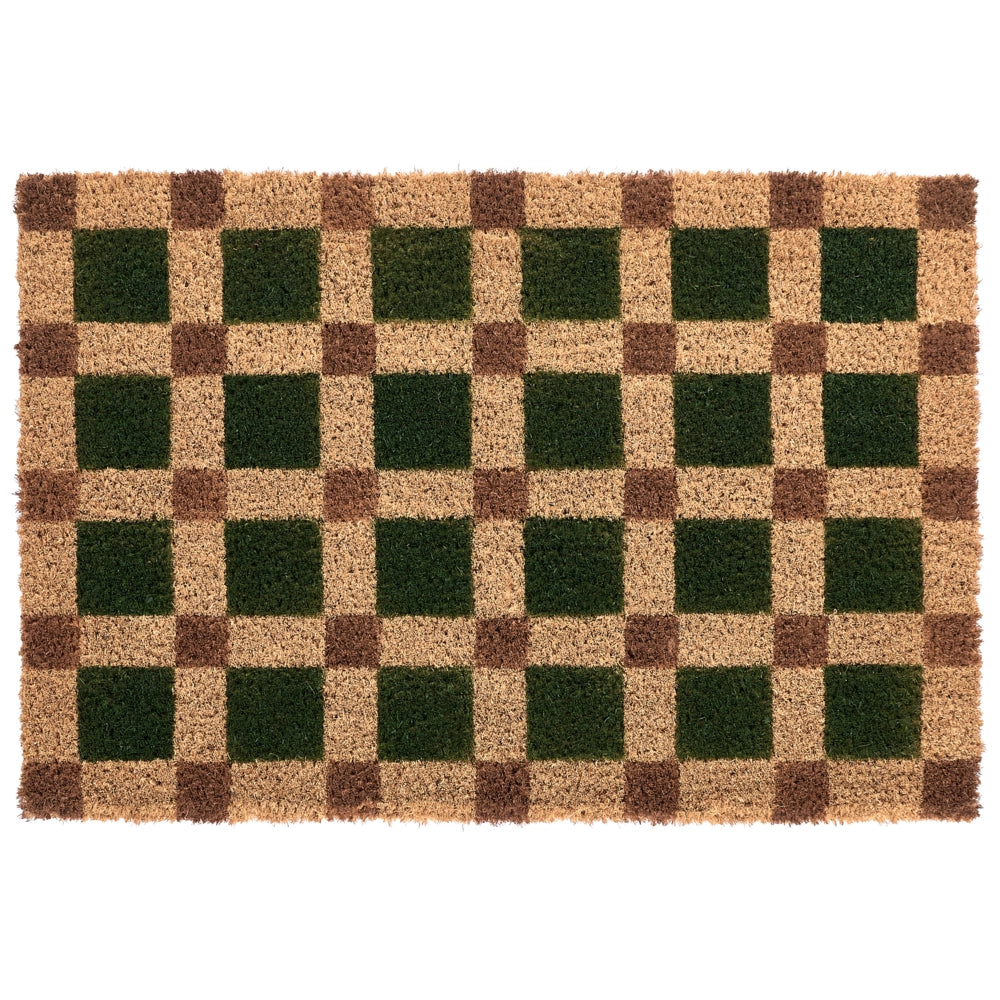 Zerbino in fibra di cocco beige e verde con fondo antiscivolo, 60 x 90 cm. Zerbino decorativo antiscivolo con motivo a quadri