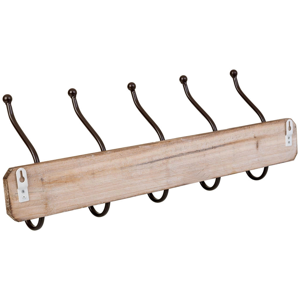Appendiabiti da parete in legno con 5 ganci 60x1,3x8h cm
