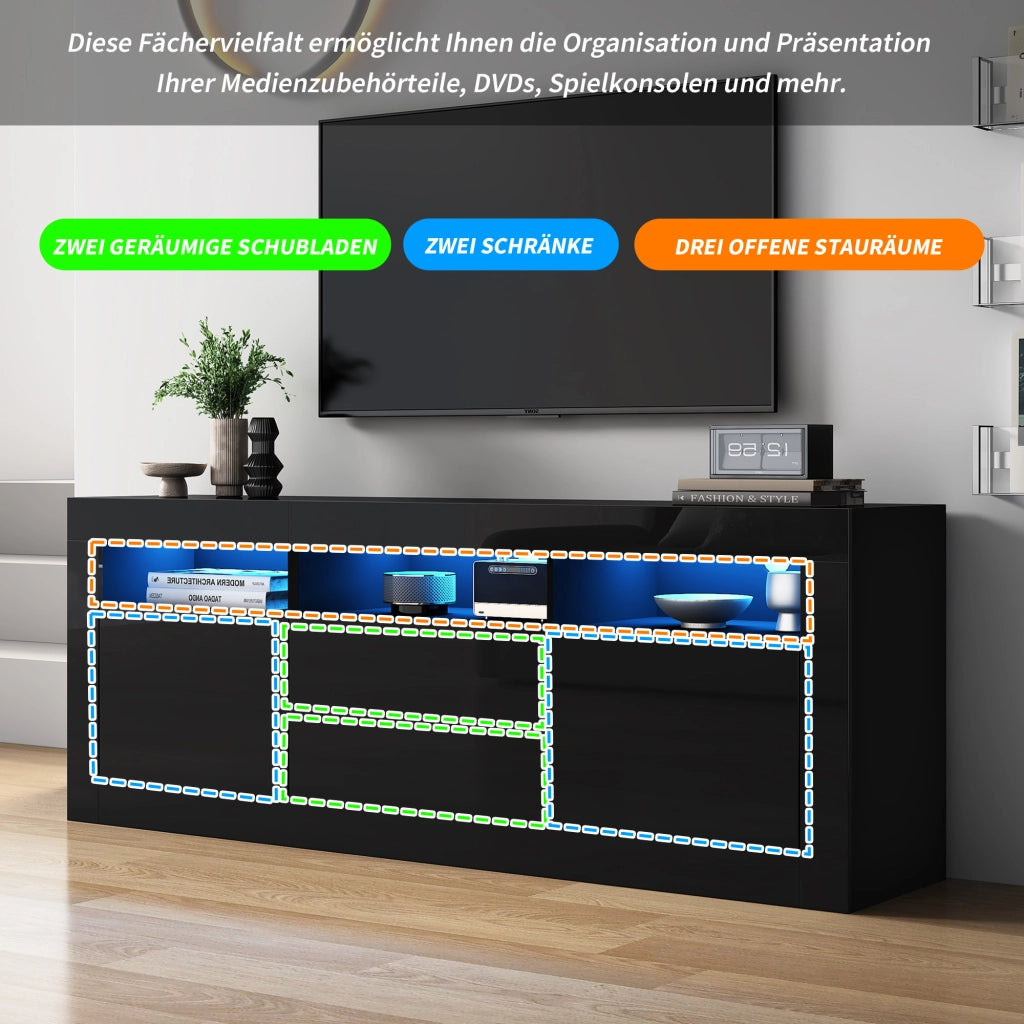 Cassettiera per TV nera in truciolato lucido; 160 cm