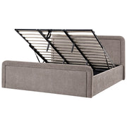 Letto contenitore rivestito in tessuto grigio marrone 180 x 200 cm testiera asimmetrica a gradini in stile scandinavo