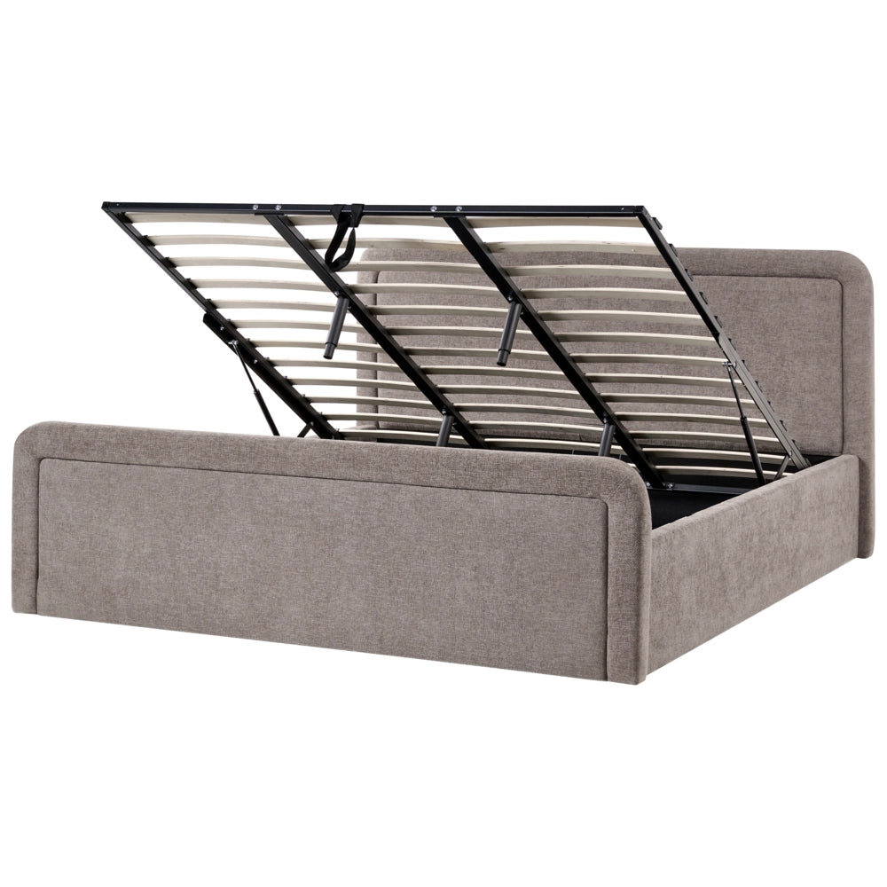 Letto contenitore rivestito in tessuto grigio marrone 180 x 200 cm testiera asimmetrica a gradini in stile scandinavo