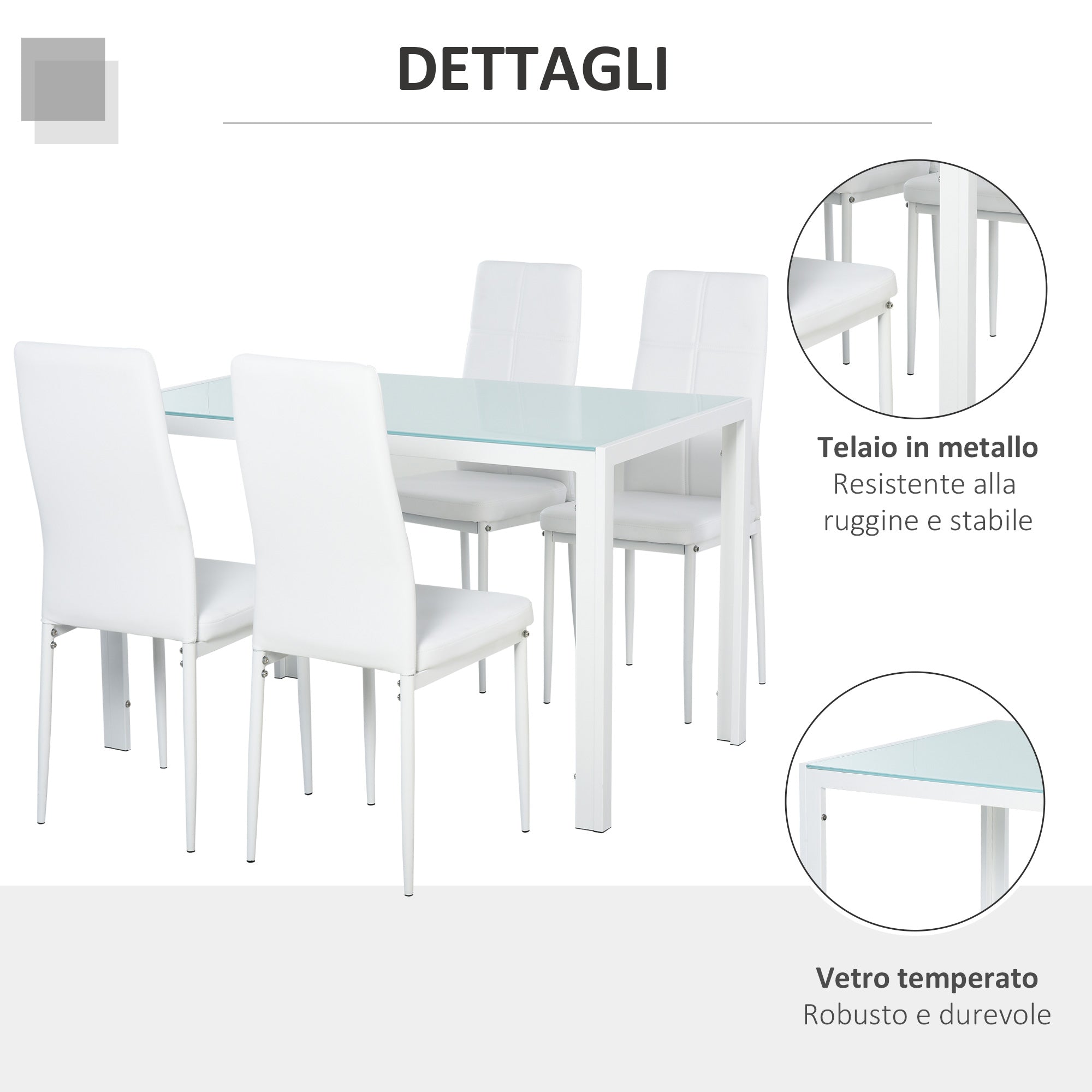 Set da Pranzo Tavolo con Piano in Vetro e 4 Sedie in Metallo e Similpelle  Bianco