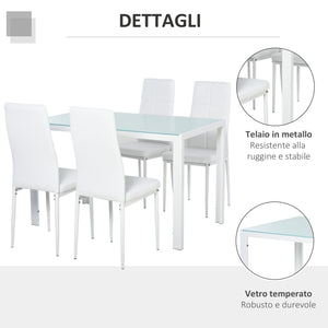 Set da Pranzo Tavolo con Piano in Vetro e 4 Sedie in Metallo e Similpelle  Bianco