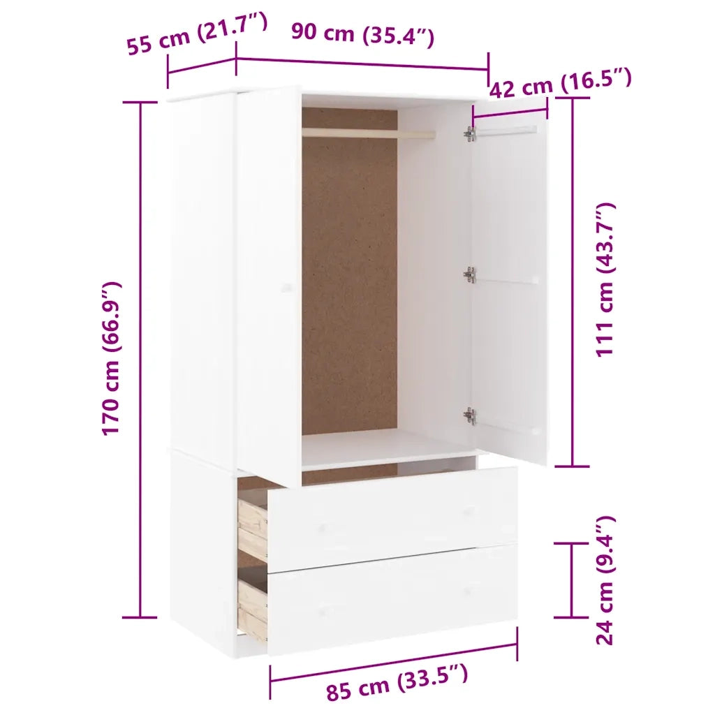 Armadio ALTA Bianco 90x55x170 cm in Legno Massello di Pino 353930