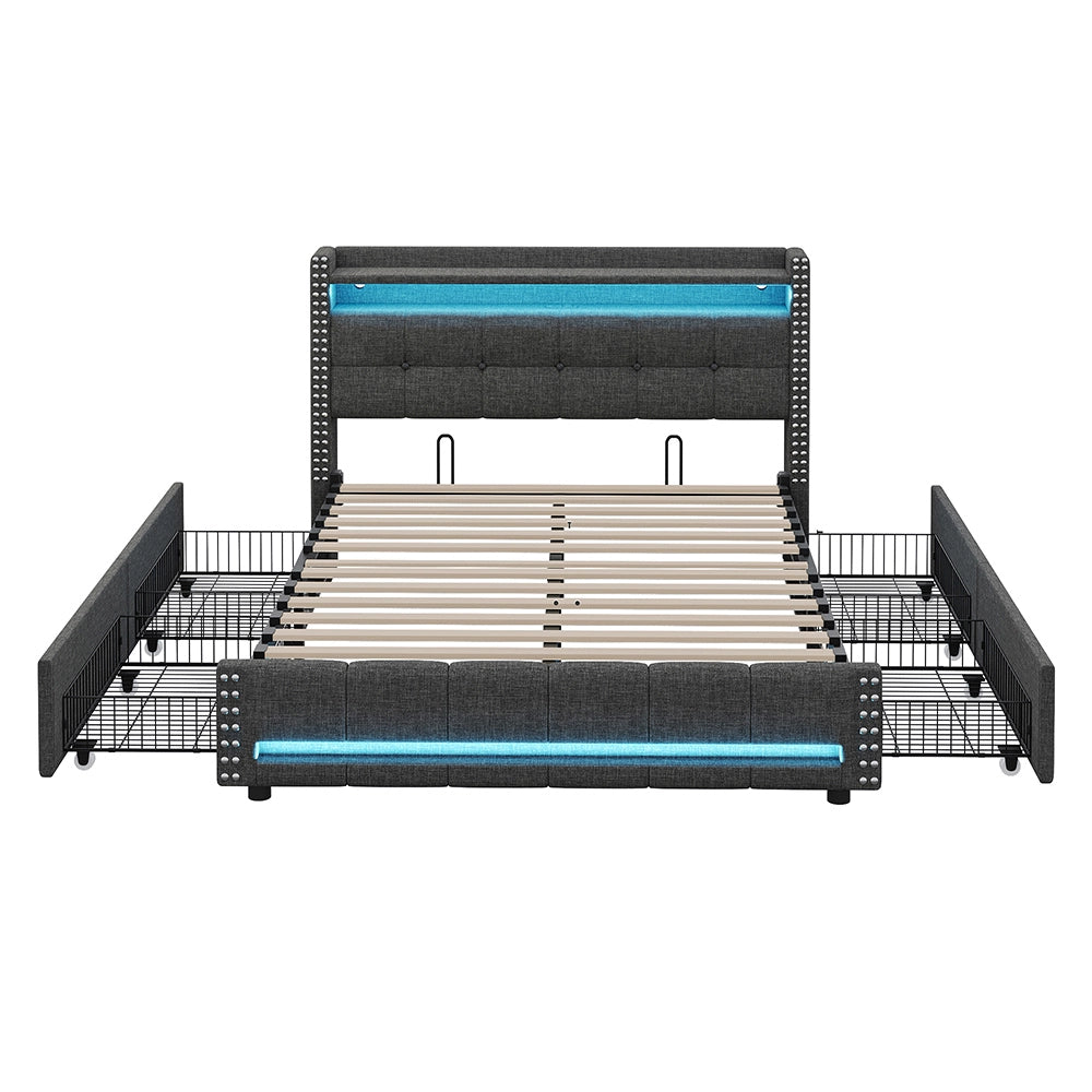 Letto imbottito 160x200 cm - Xylo - Grigio - Luci LED, 4 cassetti, presa USB
