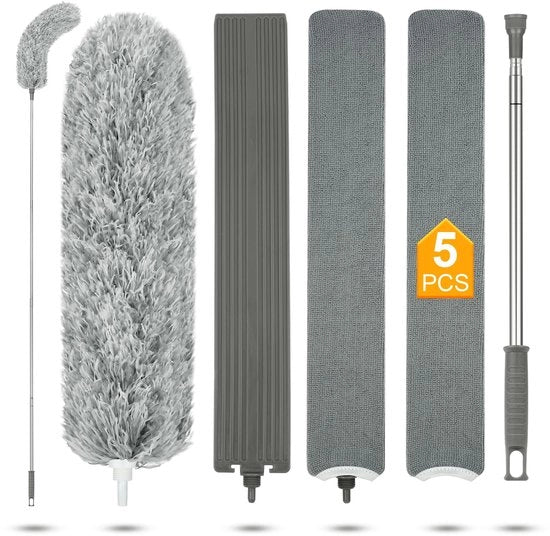 Set di 5 telaschi stoffa telescopici, lavabili, extra lungo (2,44 m), telaschi stoffa estensibili, telaschi stoffa microfibra, aspirapolvere con 2 pannelli intercambiabili, per soffitti e ragnatele