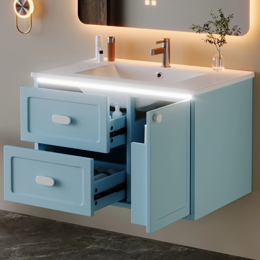 Mobile sottolavabo con lavabo in ceramica, LED a sensore radar, 2 cassetti e vano, per bagno, blu, 76 × 46 × 51 cm