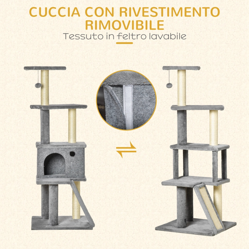 Tiragraffi per Gatti con Casetta e Scala ¨C Zephmum ¨C Grigio 48x48x125 cm
