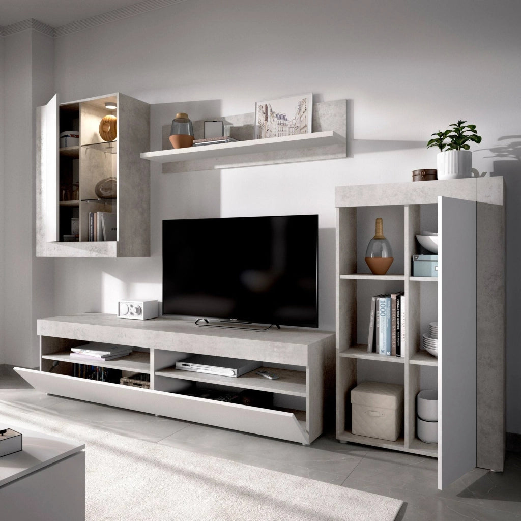 Parete attrezzata Aleu, Set da soggiorno componibile, Mobile salotto multiposizione, 265x42h180 cm, Bianco e Cemento