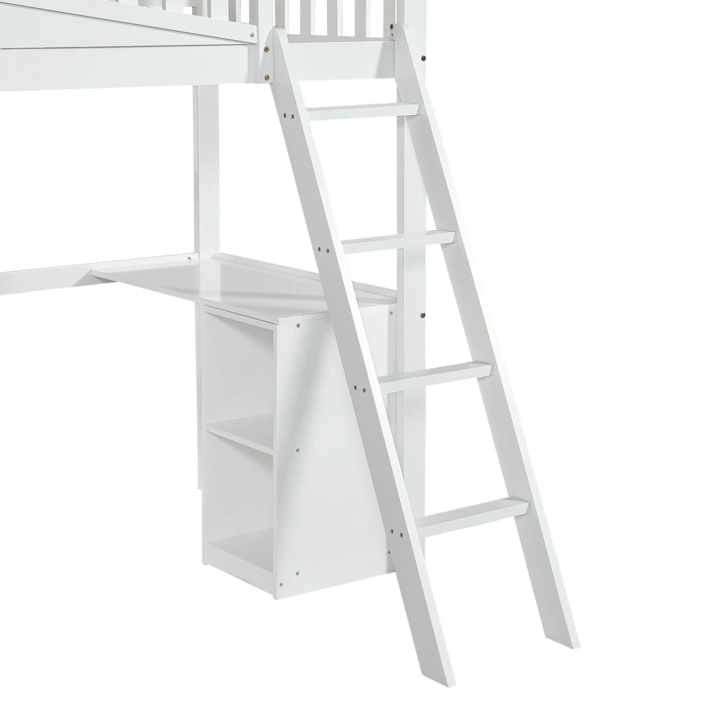 Letto a soppalco per bambini 90x200 cm bianco con scivolo, scrivania e armadio