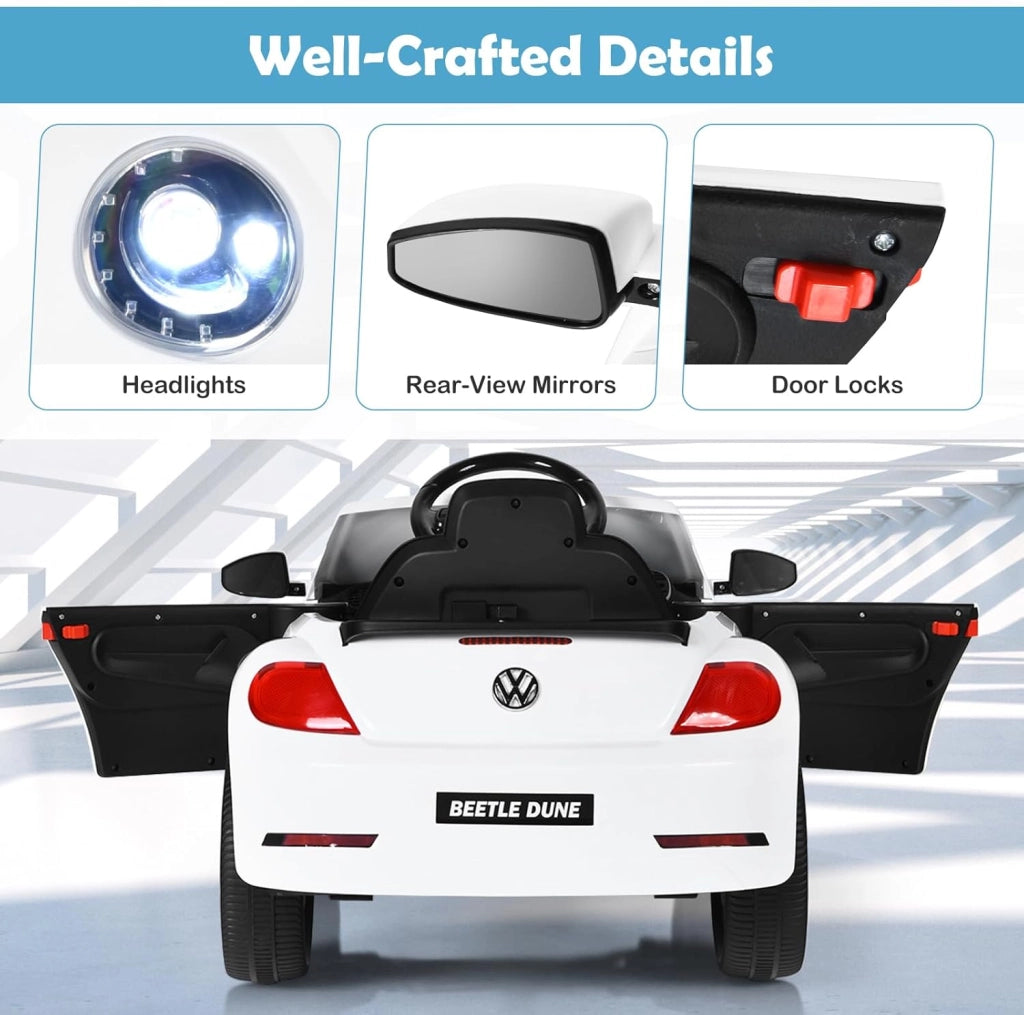 Macchina Elettrica per Bambini Volkswagen Beetle Maggiolino 12V con Telecomando, Auto Elettrico a Pedale, Veicoli con Musica, Fari LED e Clacson, 3-5km/h, Carico 30 kg, 3-8 Anni (Bianco)