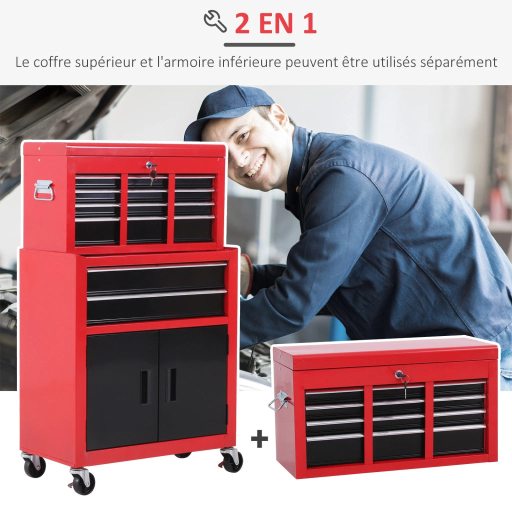 Carrello per attrezzi con cassettiera e cassone mobile ¨C Zephmum ¨C Acciaio rosso e nero