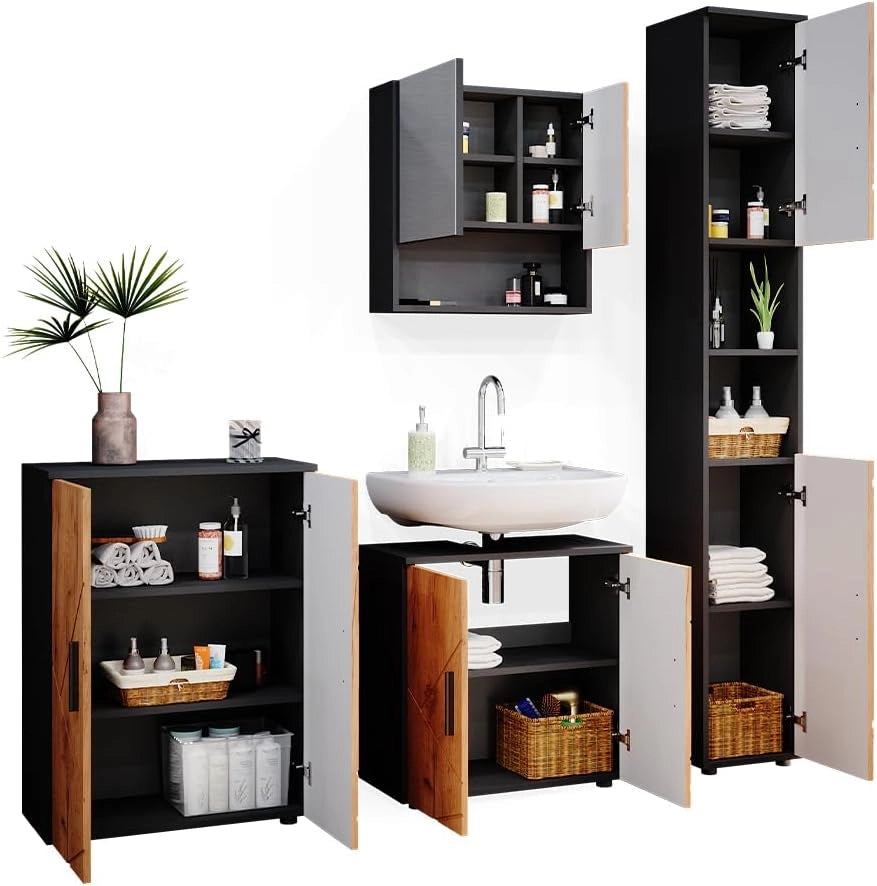 Set mobili bagno Irma, Quercia dorata/antracite, 80 cm, composto da mobile lavabo, pensile a specchio, colonna e base media