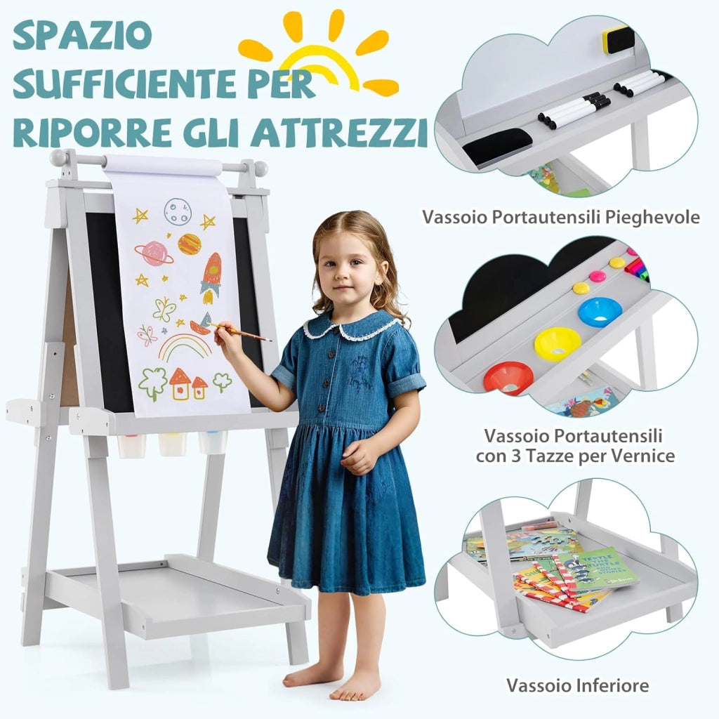 Lavagna per Bambini 3 in 1, Lavagna Magnetica con Lavagna Bifacciale, Rotolo di Carta, Vassoi Portaoggetti e 3 Bicchieri per Pittura, Cavalletto in Legno per Bambini 3+ Anni (Grigio)