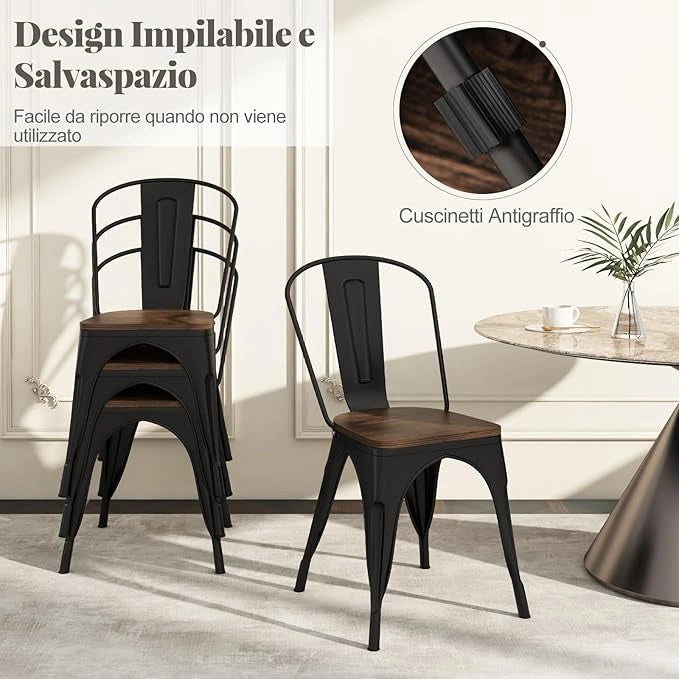 Set di 4 Sedie da Pranzo Impilabili 53 x 44,5 x84 cm, Sedie da Bar con Schienale Alto, Struttura in Legno e Acciaio, Ideale per Balcone, Cortile e Ristorante (Nero)