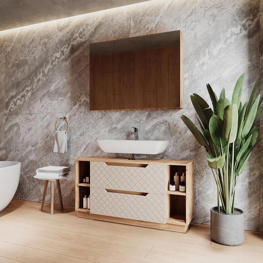 Vicco Set di mobili da bagno Lotta, Rovere/cashmere con struttura in piastrelle, 2 parti